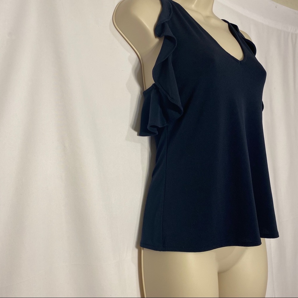 BANANA REPUBLIC NAVY CROSS FRONT NAVY RUFFLE TOP - Picture 4 of 8